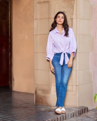 Blouson Sleeve Embellished Tie Front Top