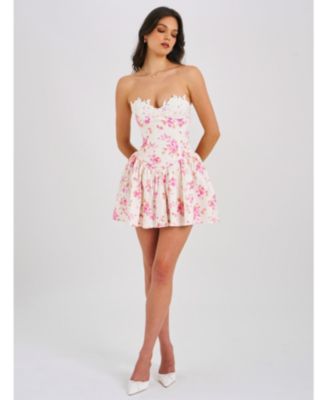  Samara Floral Drop Waist Linen Corset Puffy Mini Dress