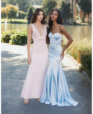 Crepe Sleeveless Beaded V Neck Gown with Bow