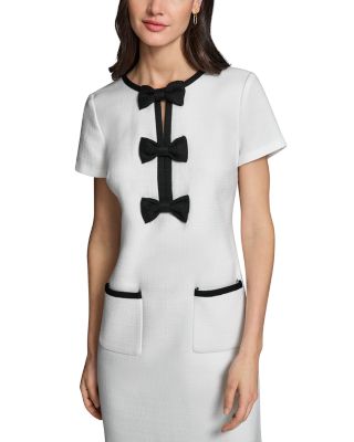 Contrast Framing Bow Short Sleeve Summer Tweed Shift Dress