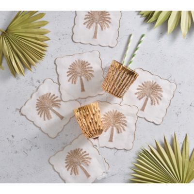Date Palm Cocktail Napkins in White, Brown & Gold, Set of 6 in a Gift Box