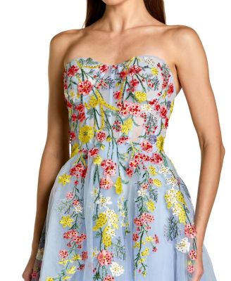 Strapless Floral Embroidered A-Line Midi Dress