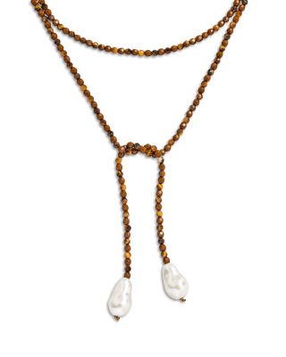 Imitation Pearl Lapis Lazuli Beaded Wrap Necklace, 50"