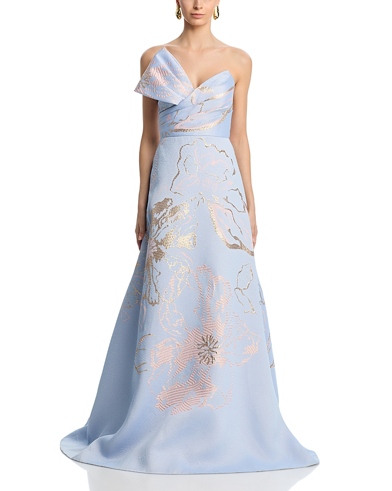 Teri Jon by Rickie Freeman Metallic Jacquard Side Bow Gown