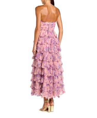  Printed Mesh Strapless Ruffle A Line Midi Dress