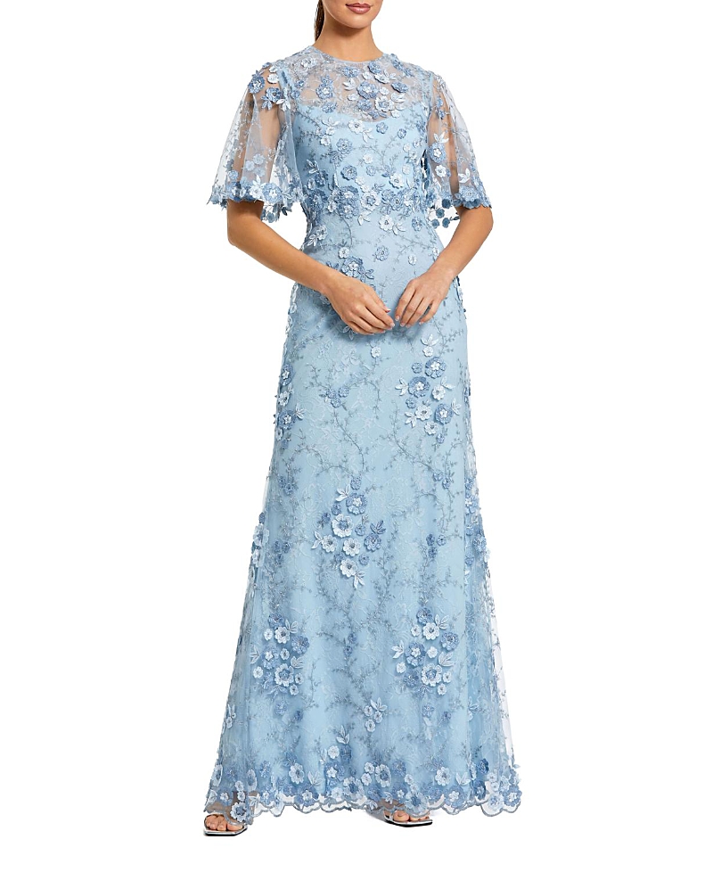 Mac Duggal Flutter Sleeve Floral Emboridered Net Gown