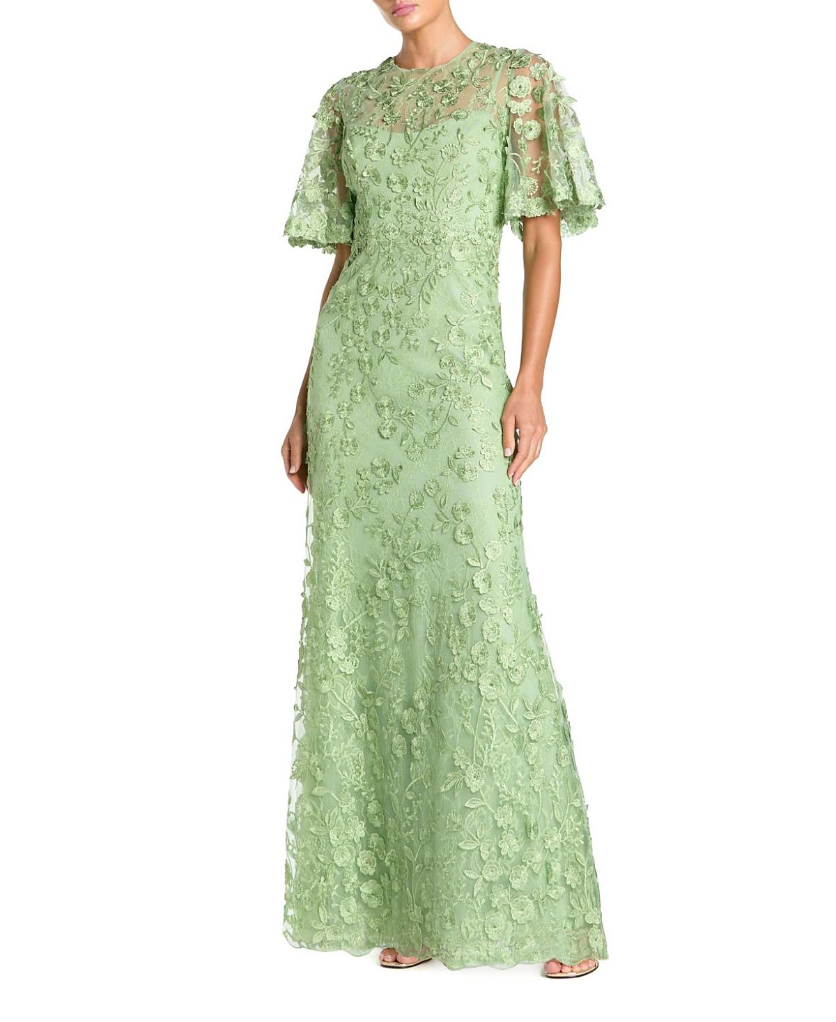 Mac Duggal Flutter Sleeve Floral Emboridered Net Gown