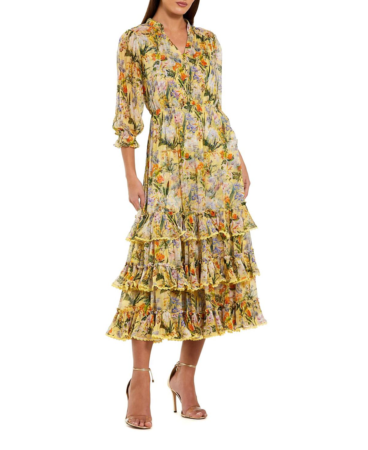 Mac Duggal Floral V-Neck Ruffle Midi Dress with 3/4 Sleeves