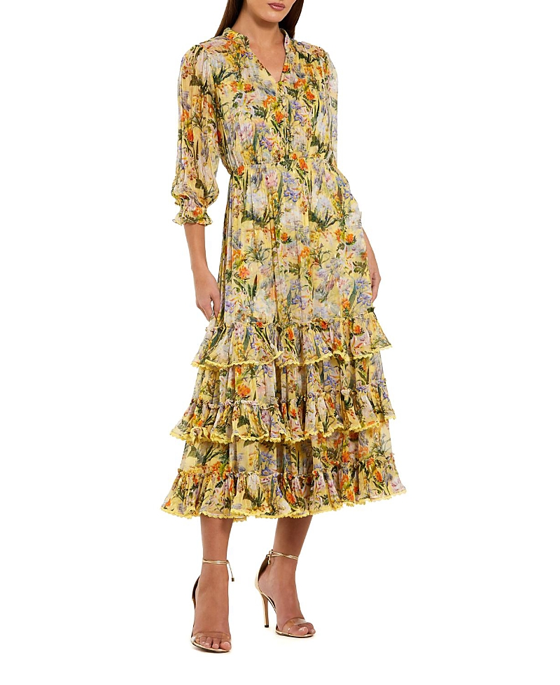 Mac Duggal Floral V-Neck Ruffle Midi Dress with 3/4 Sleeves
