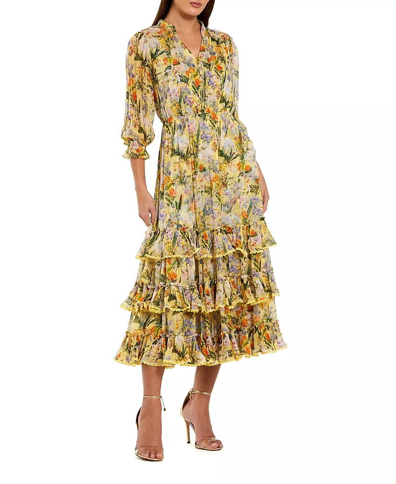 Mac Duggal Floral V-Neck Ruffle Midi Dress with 3/4 Sleeves