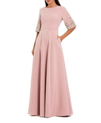  3/4 Sleeve Crepe Gown With Sleeve Embellishments