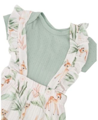 Girls' Pointelle Onesie and Cotton Muslin Peach Deer Printed Shortall Set - Baby