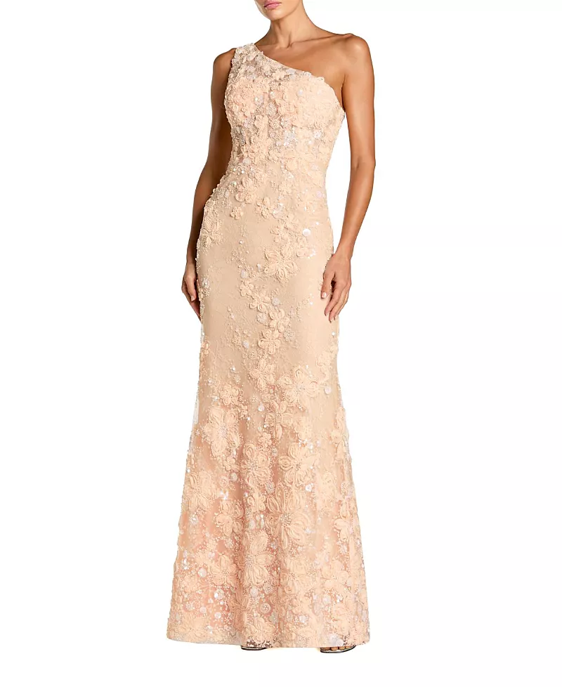 Mac Duggal One Shoulder Floral Embroidered Column Gown