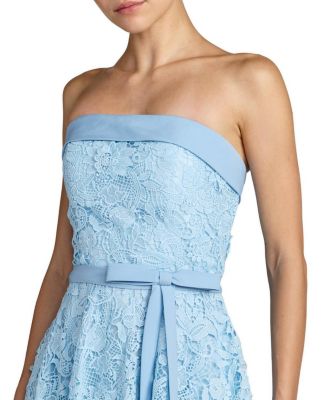 Embroidered Lace Strapless Midi Dress with Bow Detail