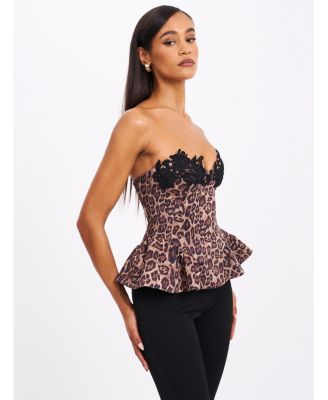  Qiara Cheetah Print Peplum Top with Lace Trim