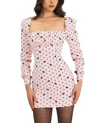  Perla Ruched Bust Velvet-Embossed Bow Mini Dress