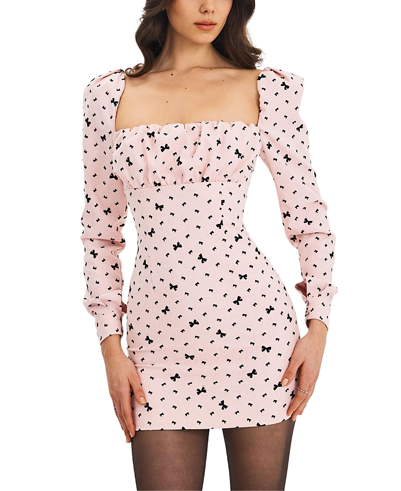 Miss Circle Perla Ruched Bust Velvet-Embossed Bow Mini Dress