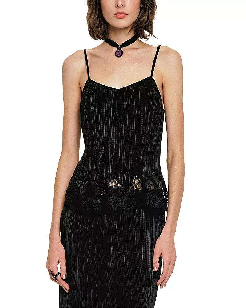 Anna Sui Plisse Lace Trimmed Camisole
