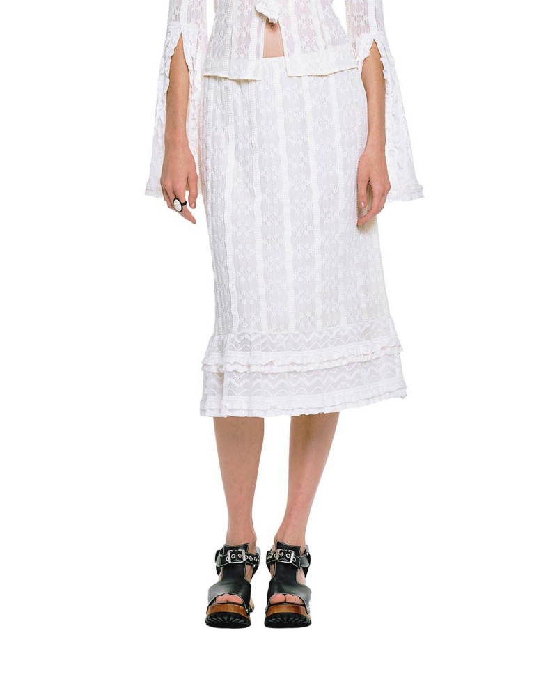 Anna Sui Floral Ruffle Stretch Lace Skirt in Cream