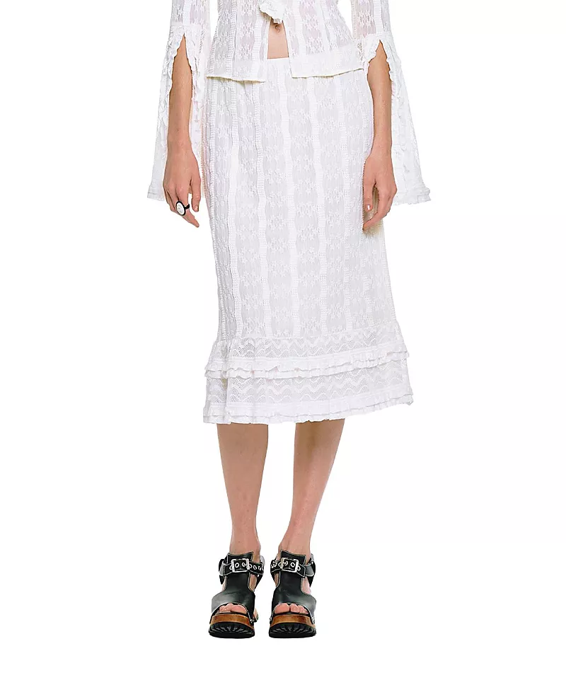 Anna Sui Floral Ruffle Stretch Lace Skirt