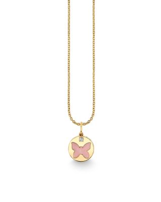 14K Yellow Gold The Solara Pink Mother of Pearl & Diamond Butterfly Pendant Necklace, 16-18"