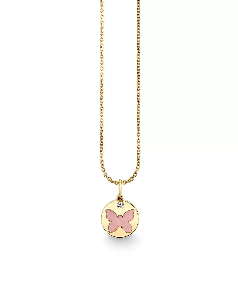 Sydney Evan 14K Yellow Gold The Solara Pink Mother of Pearl & Diamond Butterfly Pendant Necklace, 16