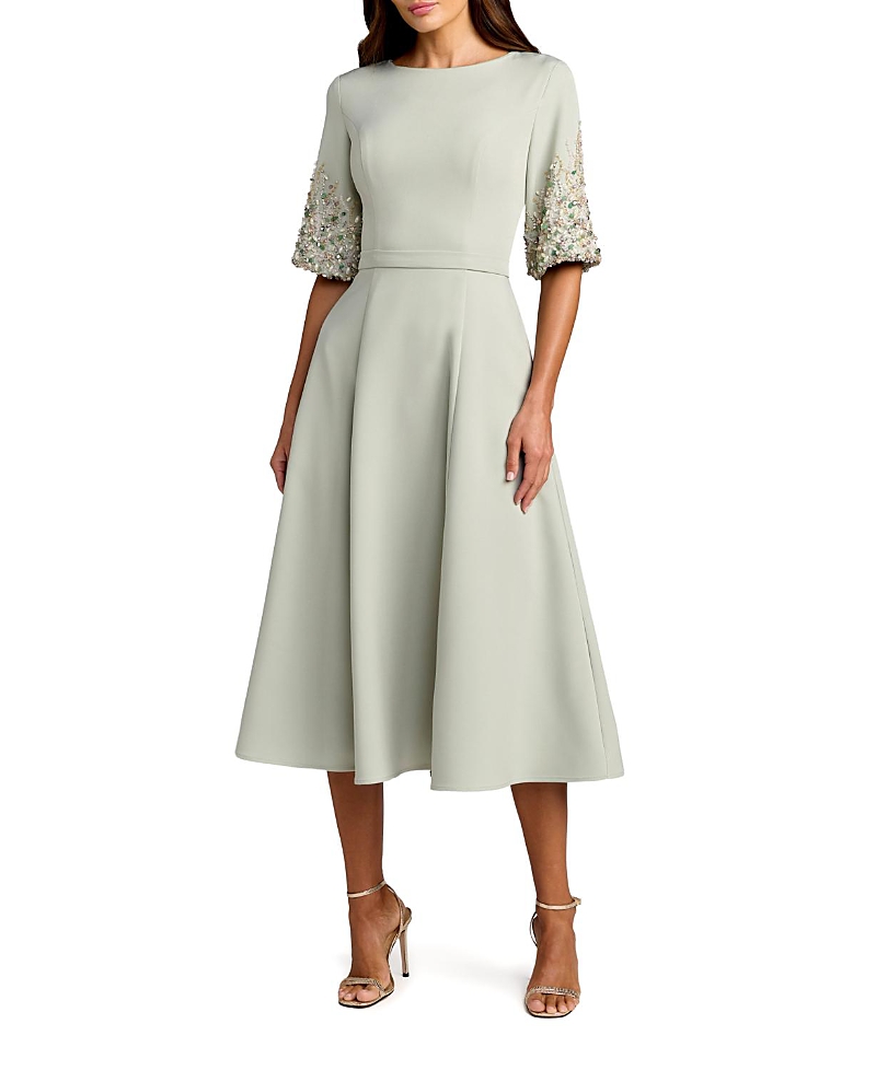 Mac Duggal Crepe A Line Midi Dress with Beaded Sleeves