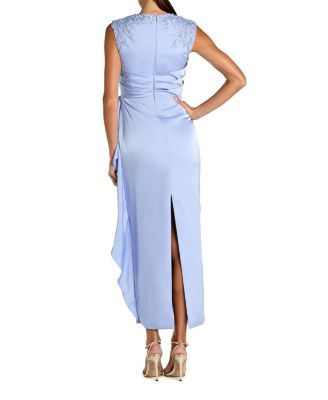  Sleeveless Satin Beaded Ankle Dress with Bow