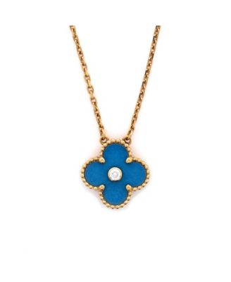 Vintage-Like Alhambra Pendant Necklace 18K Gold and Blue Sevres Porcelain with Diamond, 16.5"