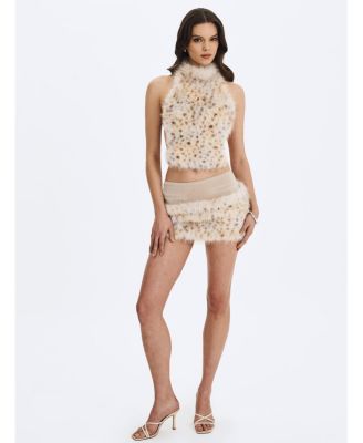  Sasha Cheetah Backless Contoured Fur Halter Top
