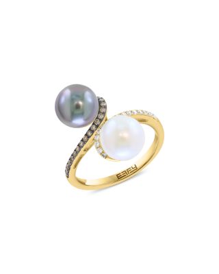 Pearl Spring Freshwater Pearl, Black Tahitian Pearl & Brown and White Diamond Bypass Ring in 14K Yellow Gold