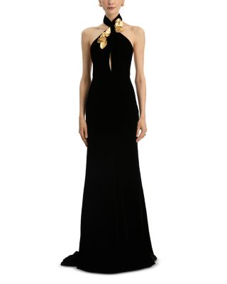 Halter Neck Velvet Gown with Gold Leaf Embroidery