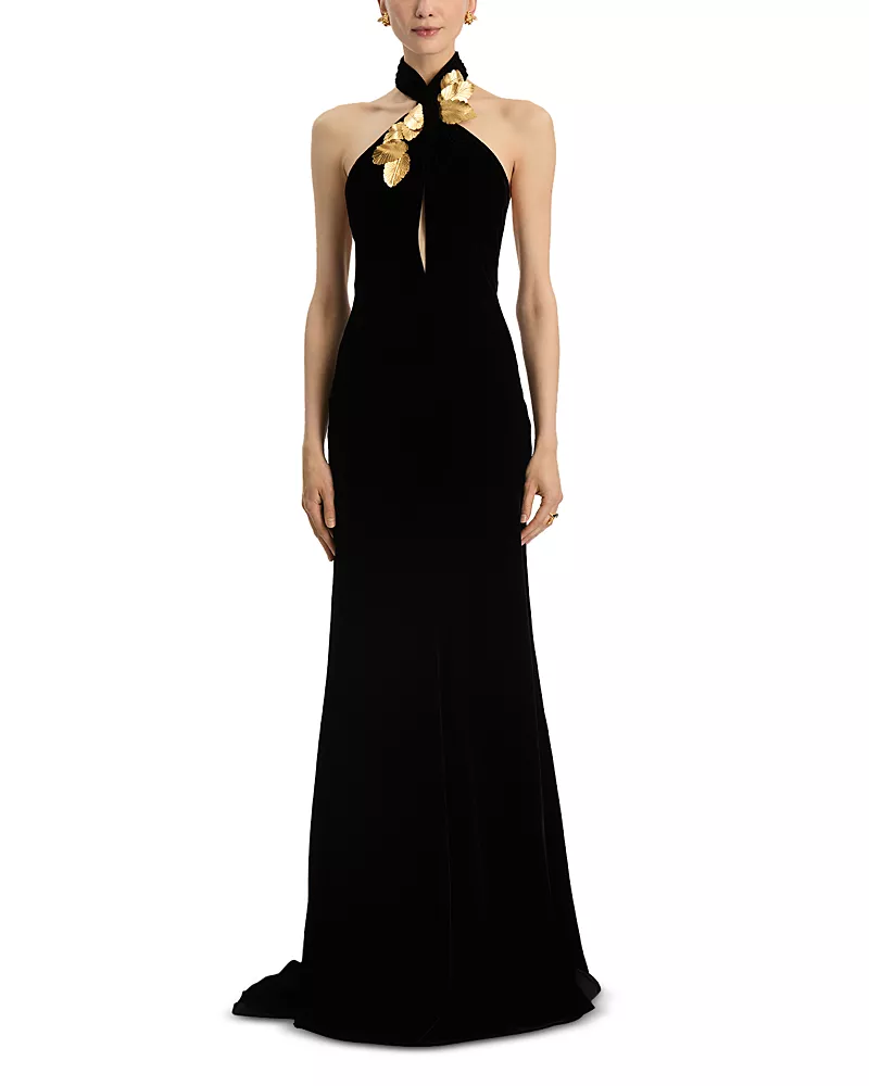 Oscar de la Renta Halter Neck Velvet Gown with Gold Leaf Embroidery