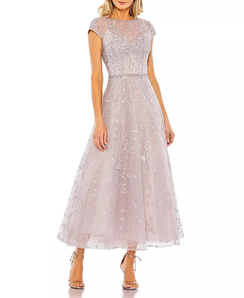 Mac Duggal Petite Embellished High Neck Cap Sleeve A Line Dress