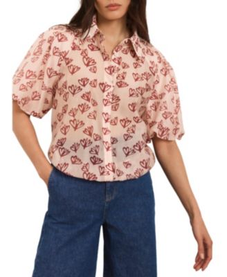  Women's Heart Print Puff Sleeve Shirt