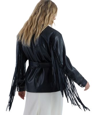 Fringe Faux Leather Belted Jacket