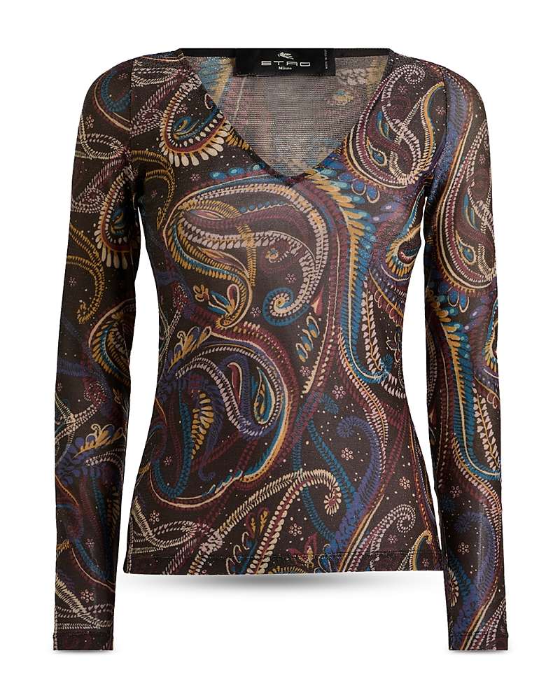 Etro Long Sleeve Jersey Top with Deep V Neck