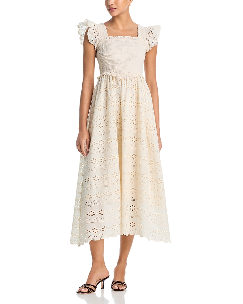 Aqua Eyelet Smocked Midi Dress - Exclusive