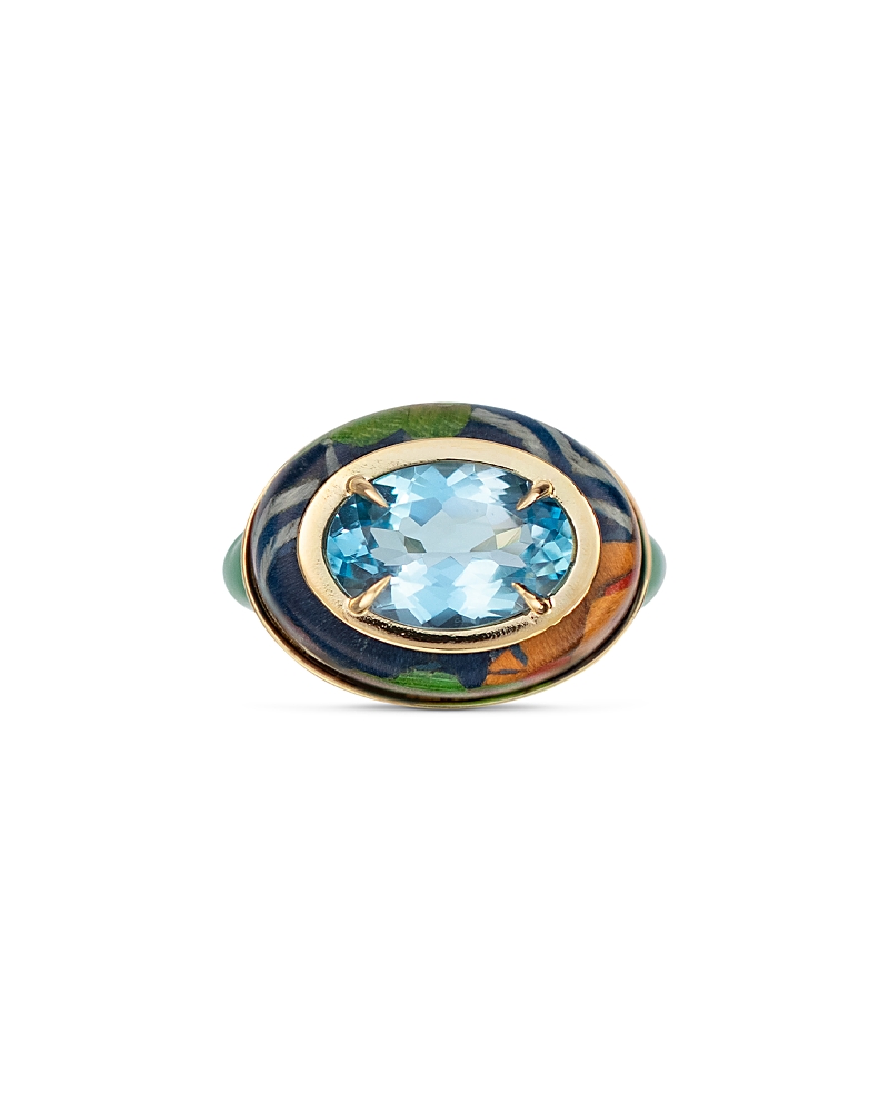 Silvia Furmanovich 18K Yellow Gold Kashmir Blue Topaz & Green Ceramic Colorful Pattern Ring
