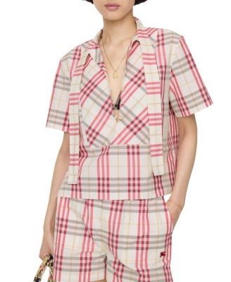  Cropped Check Cotton Scarf Blouse