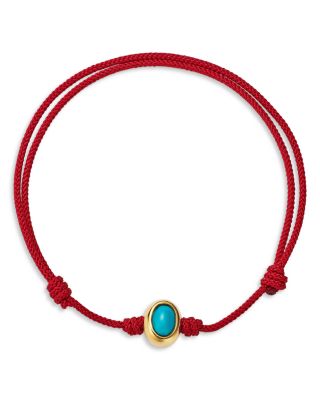 14K Yellow Gold Turquoise Oval Cabochon Eye of the Idol Red Cord Bracelet