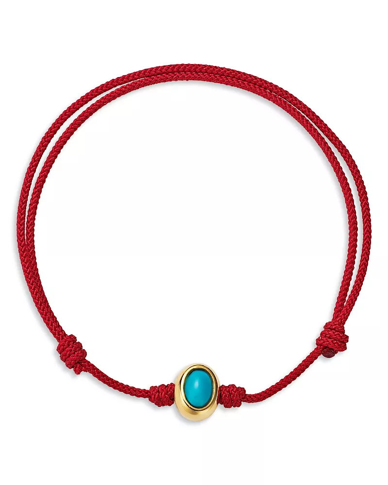 Luis Morais 14K Yellow Gold Turquoise Oval Cabochon Eye of the Idol Red Cord Bracelet