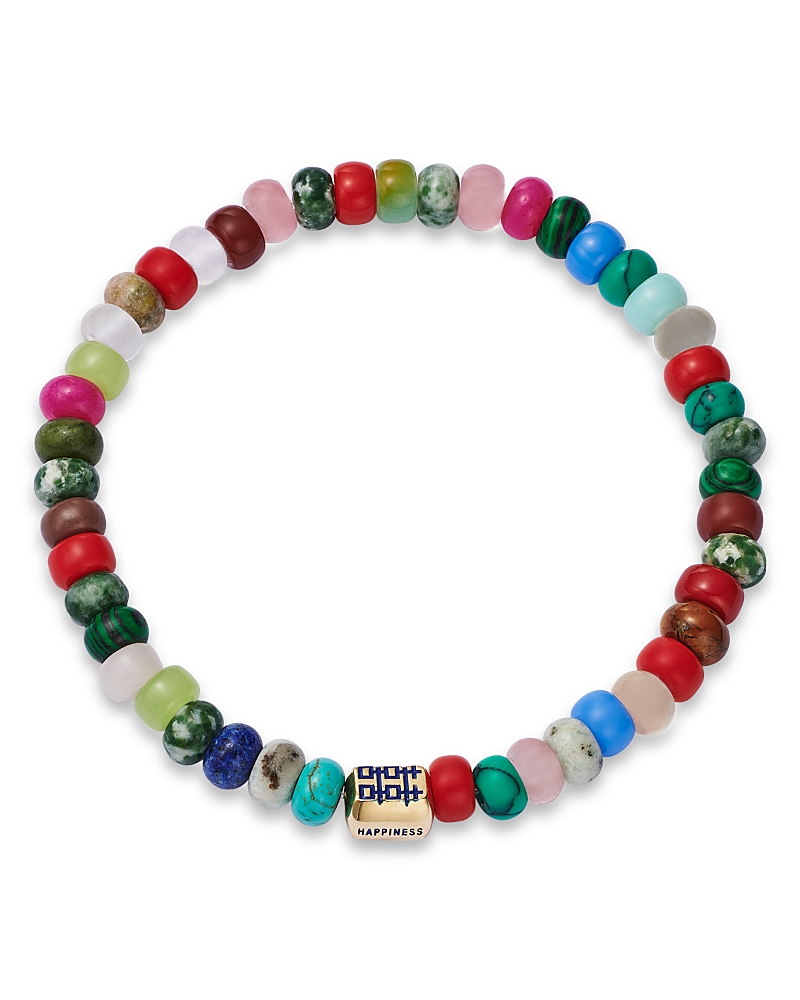Luis Morais 14K Yellow Gold Multicolor Agate Bead Happiness Symbol Ingot Bracelet