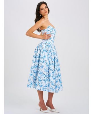  Paloma Print Linen Corset Draping Top Midi Dress