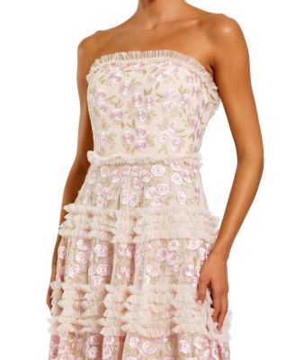  Floral Embroidered Strapless Ruffle Midi Dress