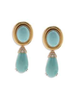 18K Yellow Gold Colors Turquoise & Diamond Detachable Drop Clip On Earrings