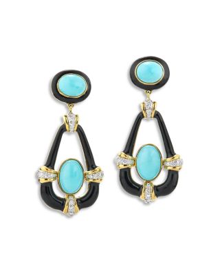 Platinum & 18K Yellow Gold Colors Turquoise, Diamond & Black Enamel Drop Earrings