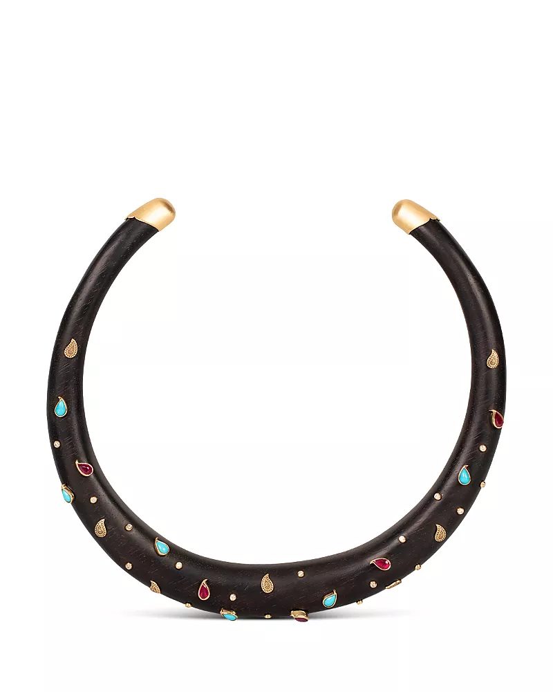 Silva Furmanovich 18K Yellow Gold Kashmir Ruby, Turquoise, & Diamond Brauna Wood Choker Necklace, 15