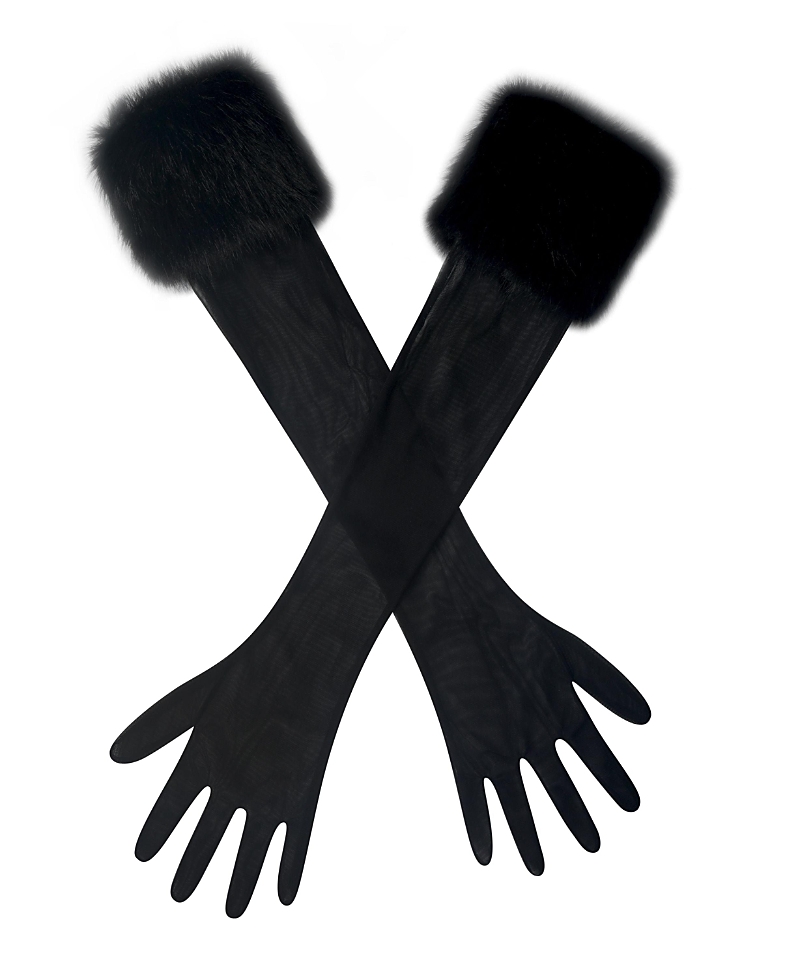 Miss Circle Eve Faux Fur-Trimmed Mesh Opera-length Gloves