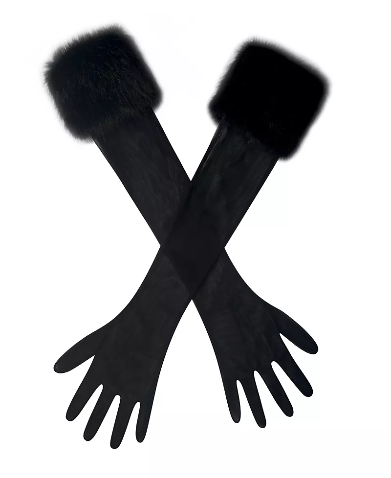Miss Circle Eve Faux Fur-Trimmed Mesh Opera-length Gloves